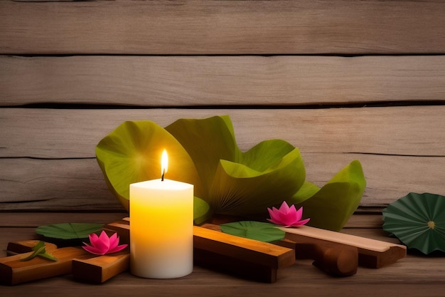 A candle and a lotus flower on a wooden table