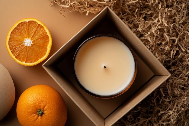 Photo candle and packaging in open rectangle box with rafia paper and dried orange slice