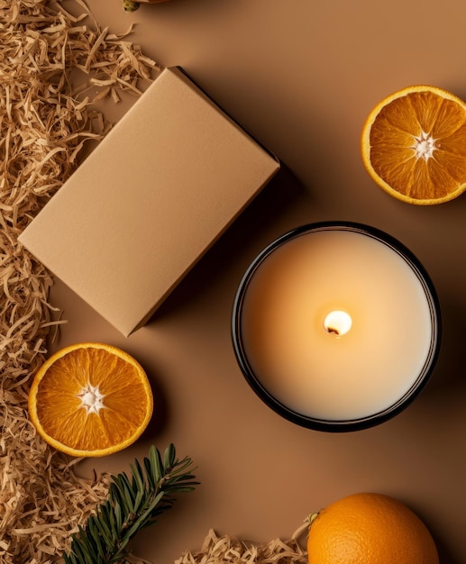 Photo candle and packaging in open rectangle box with rafia paper and dried orange slice