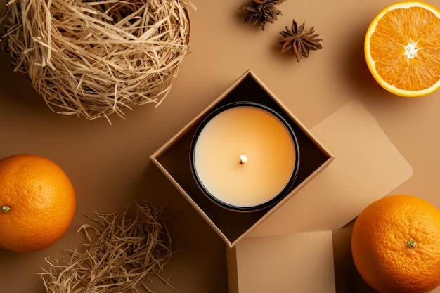 Photo candle and packaging in open rectangle box with rafia paper and dried orange slice