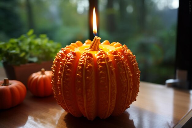 Photo candle pumpkin on a sunny afternoon