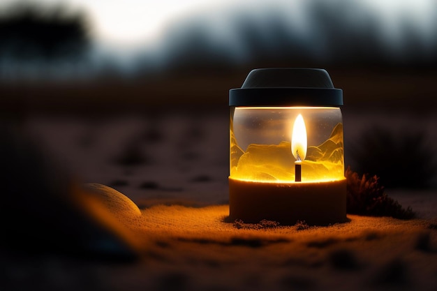 A candle in the sand with the light on