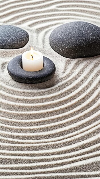 Photo a candle sits serene at the center of black and white pebbles in raked sand creating a peaceful atmosphere perfect for meditation and reflection