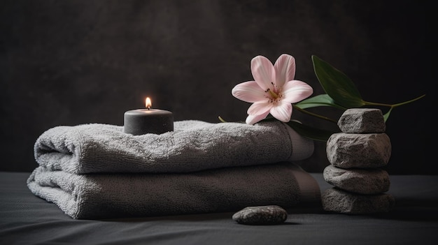 A candle sits on a stack of towels with a pink flower next to it.