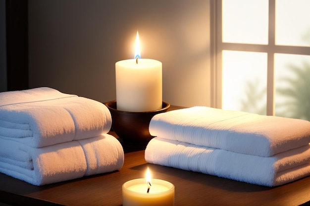 A candle sits on a table in a spa room