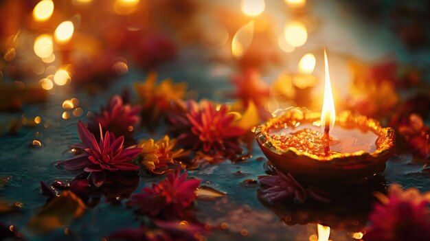 Candle surrounded by flowers