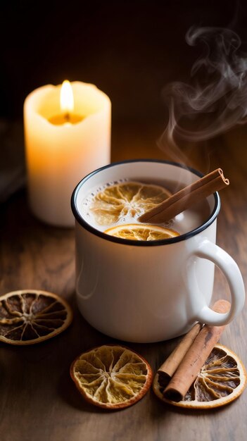 Candle on table hot drink for relaxation generated by