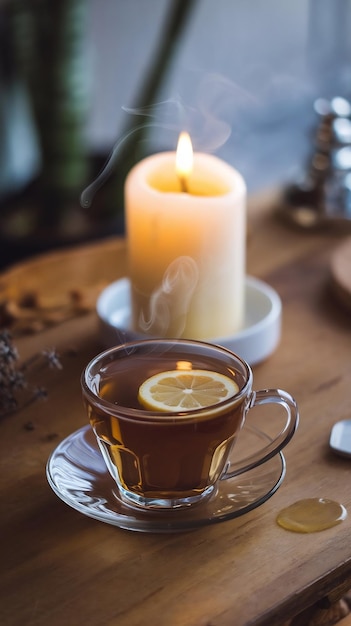 Candle on table hot drink for relaxation generated by