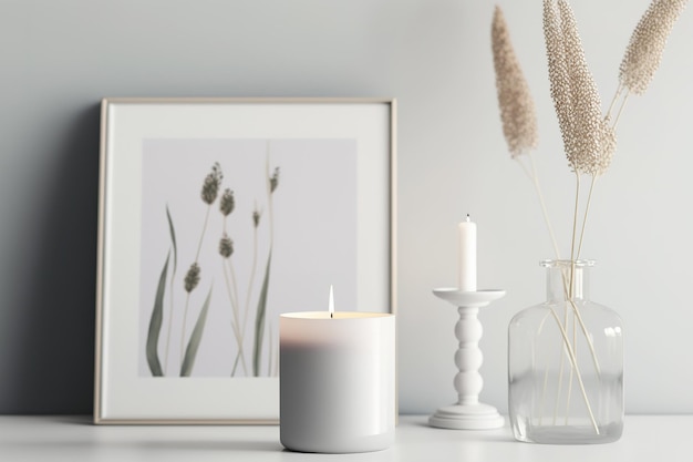 Candle on table in mock up home interior poster pastel monochromatic Copy space