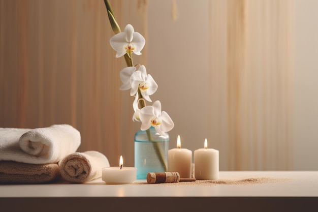 A candle on a table with a flower in a vase