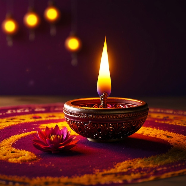 a candle that is lit on a rug with a purple background