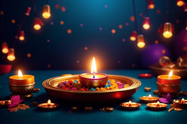 a candle that is lit up with colorful lanterns in the background