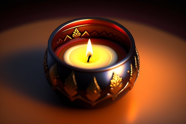 A candle that is lit up with the word diwali on it