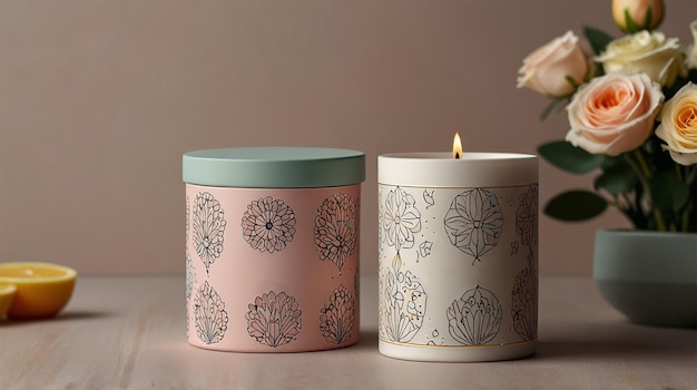 A candle that is painted in pink and has a white flower in the middle Mockups images Ai Generated