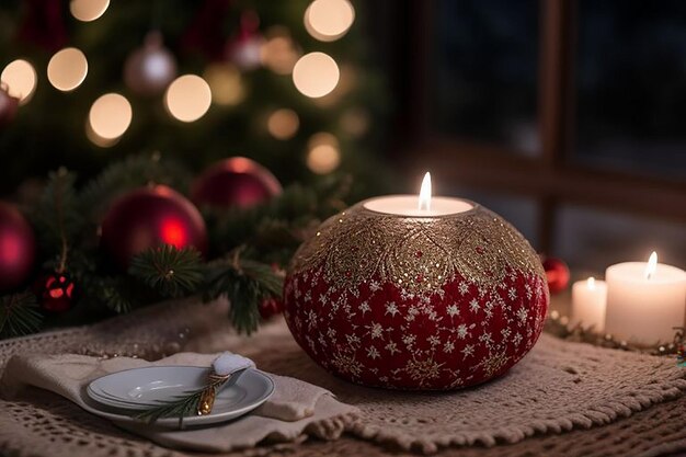 a candle that is on a table next to a christmas tree