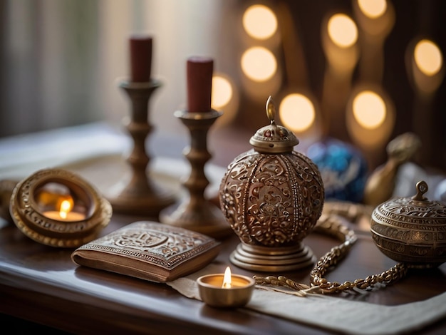 a candle that is on a table with candles