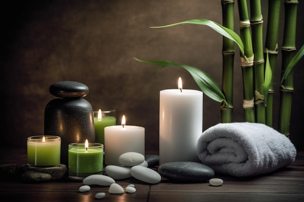 A candle and towels are on a table with a bamboo background.