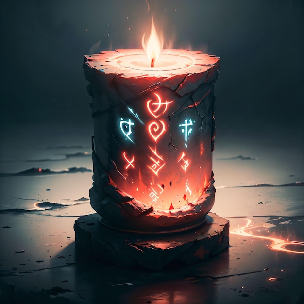 A candle with glowing runes