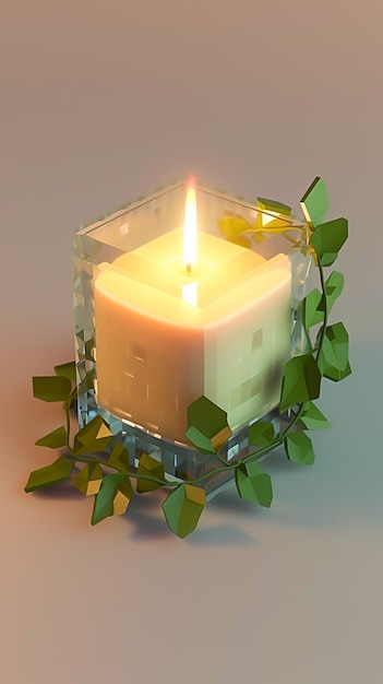 A candle with a green plant on top of it