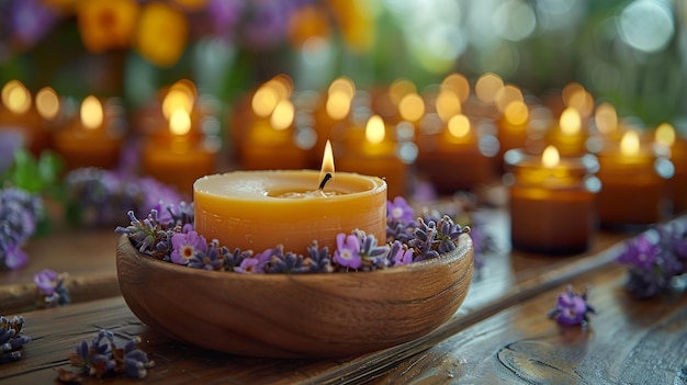 a candle with purple flowers in the background