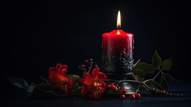 A candle with red flowers on it