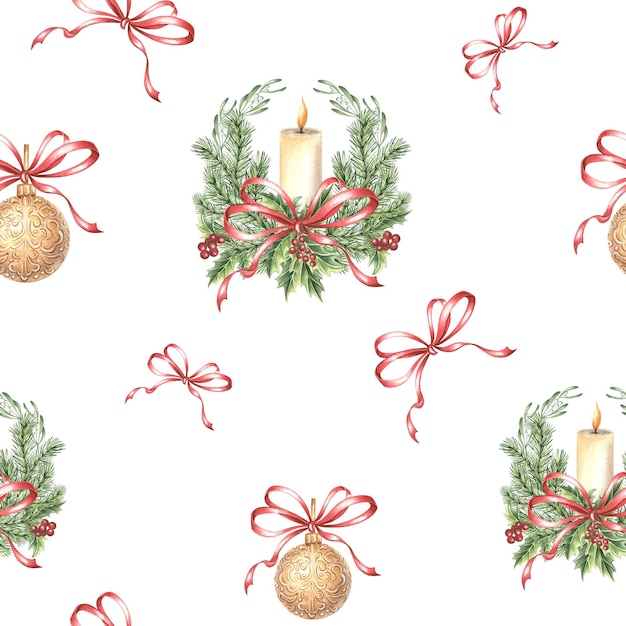 Candle witn pine holly christmas ball and red bows seamless pattern vintage hand drawn