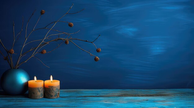 Candlelight Dinner Setting on Rustic Wooden Table Against a Serene Blue Backdrop