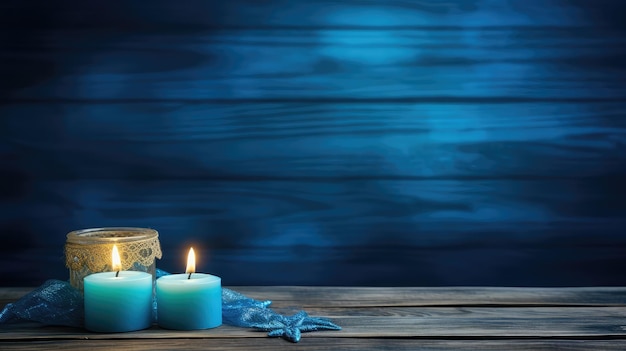 Candlelight Dinner Setting on Rustic Wooden Table Against a Serene Blue Backdrop