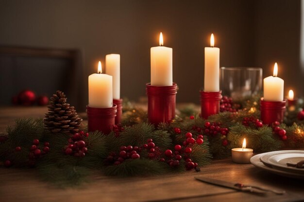 Candlelight illuminates rustic Christmas decoration on table red green dark illustration generative