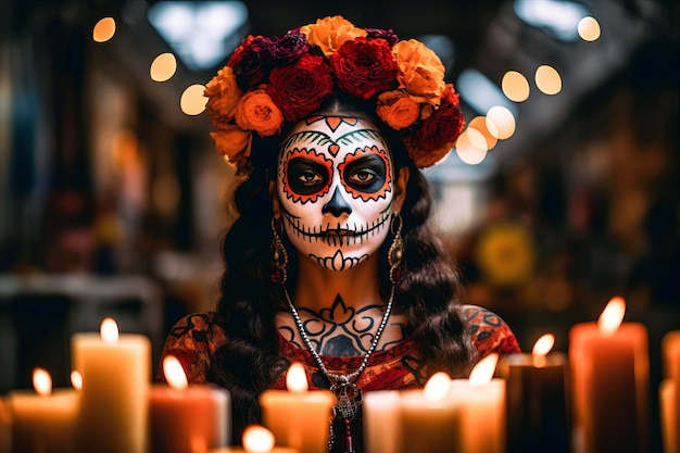 candlelight portrait of woman with dia de los muertos or day of the dead face paint makeup