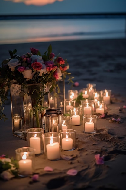 A candlelight with a bouquet of roses on the beach