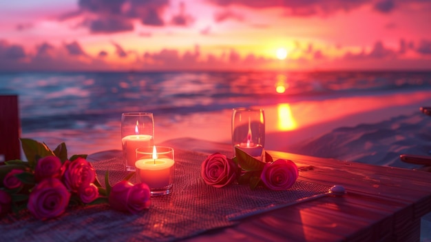 Photo candlelit dinner setup on a beach at sunset featuring red roses and wine glasses against ocean backdrop