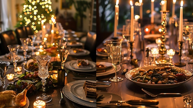 Candlelit Dinner Table with Festive Decorations and Food