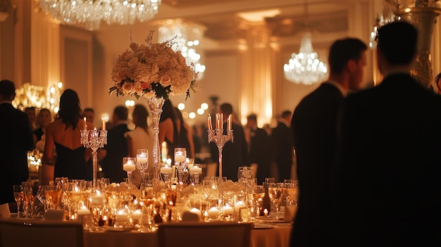 Photo candlelit dinner table with floral centerpiece and guests in the background