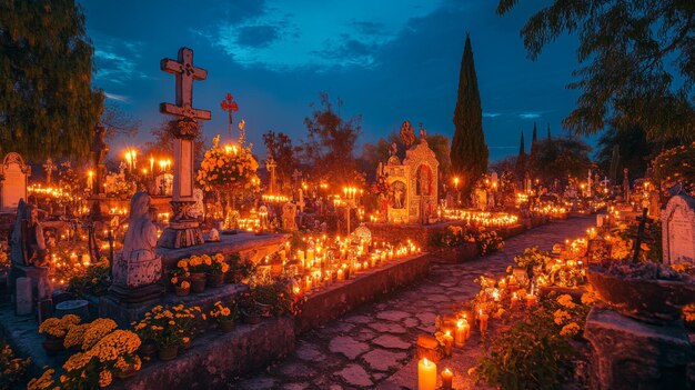 Photo candlelit graveyard during day of the dead celebration in mexico