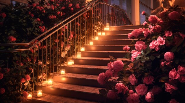 Photo candlelit staircase with roses