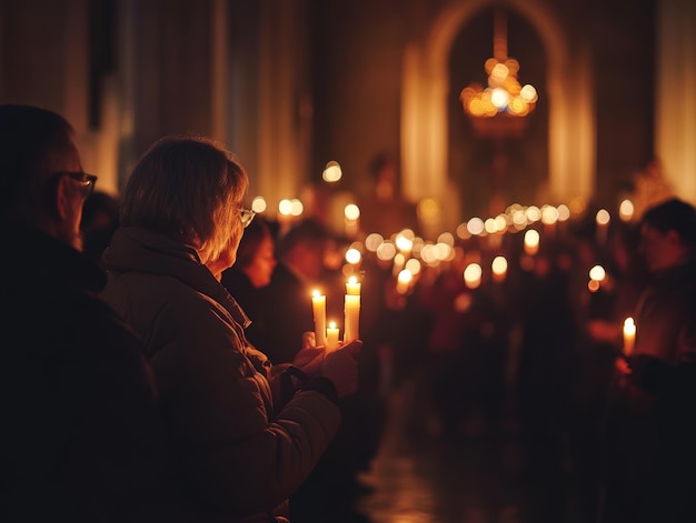 Photo candlemas celebration christian holiday gathering with people holding candles in church