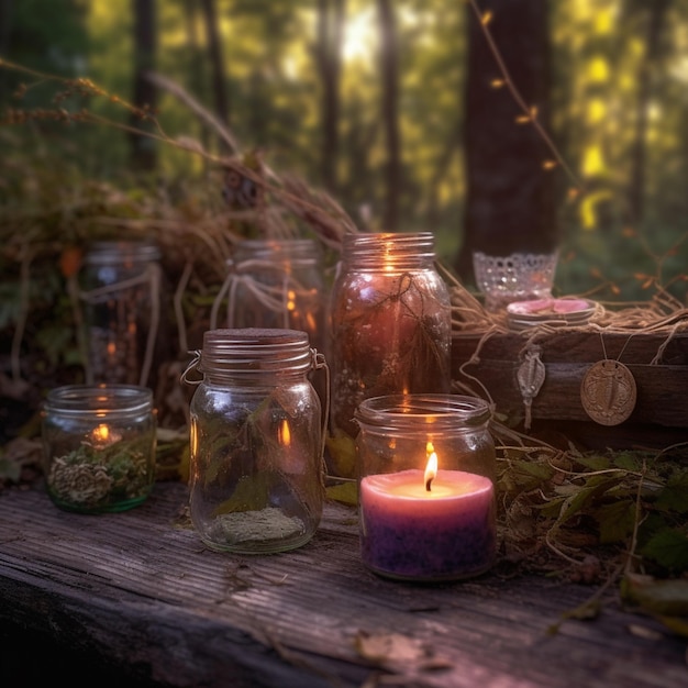 Candles are lit on a wooden table in a forest generative ai