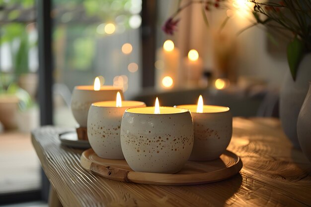 Photo candles are lit on a wooden table with a plate of tea cups