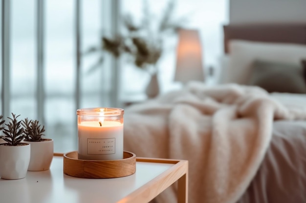 candles are on a table in a bedroom with a bed in the background generative ai