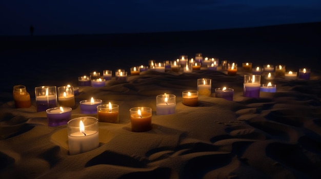 Candles on the beach at night