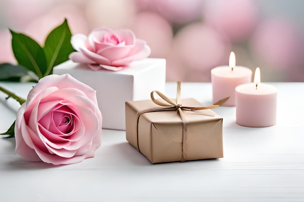 Candles and candles on a table with a gift box and a pink rose