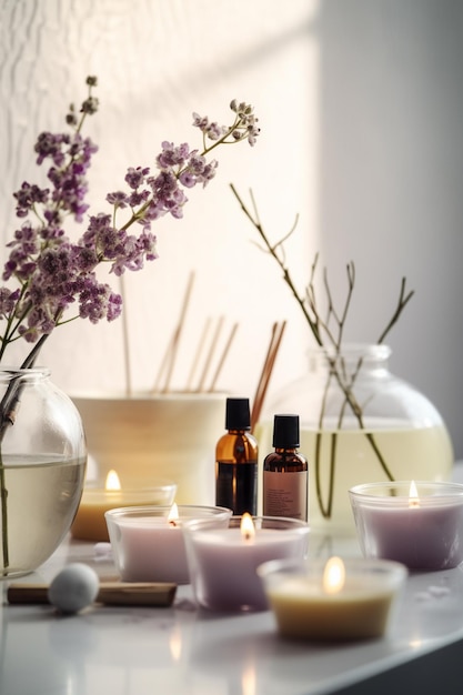 Candles and candles on a table with a vase of flowers