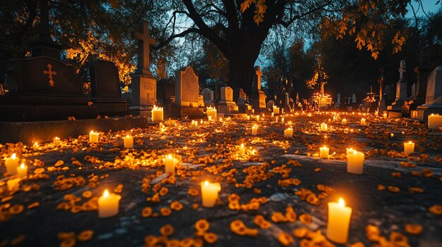 Photo candles in a cemetery with a tree in the background