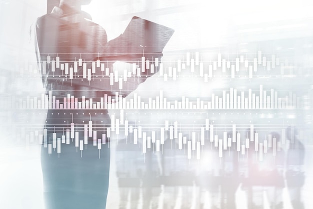 Candles chart diagram graph stock trading investment business finance concept mixed media double exposure virtual screen