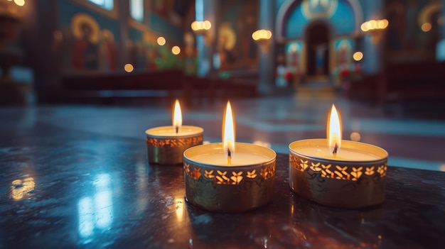 Candles in a Christian Orthodox church background Flame of candles in the dark sacred interior