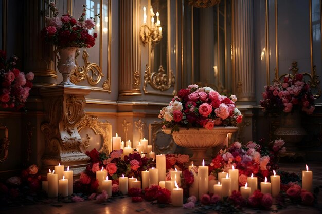 Candles and flowers in the interior of the house Interior decoration