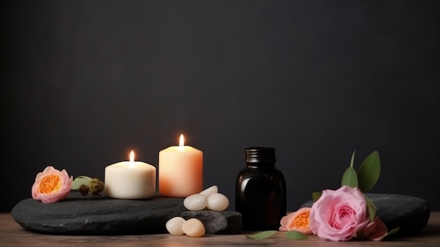 Candles and flowers on a table with a black background