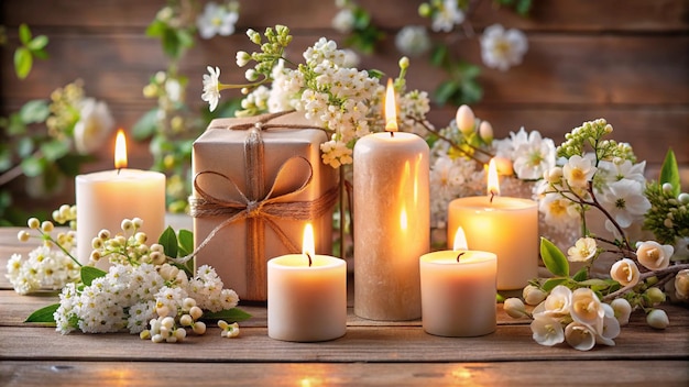 candles and flowers on a table with a bouquet of flowers and a gift box