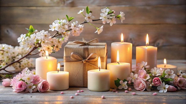 candles and flowers on a wooden background with a box of flowers and candles